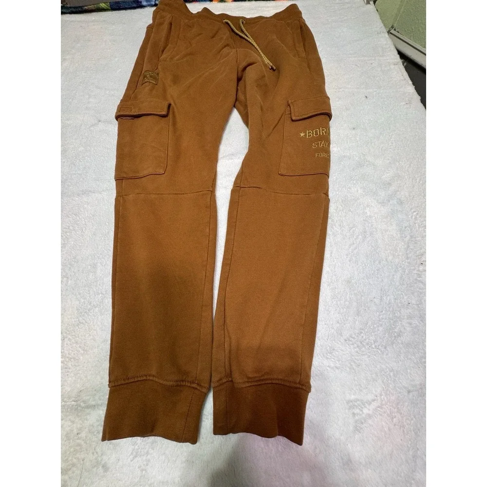 Born Fly Men's Mustard Yellow Sweatpants Size Large Cargo Pants Embroidered  Y2K